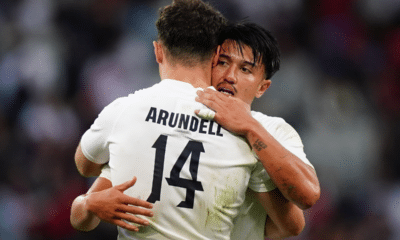 England's Henry Arundell and Marcus Smith celebrate the win after the Rugby World Cup 2023, Pool D match at the Stade de Nice, France. Picture date: Friday September 23, 2023.