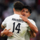 England's Henry Arundell and Marcus Smith celebrate the win after the Rugby World Cup 2023, Pool D match at the Stade de Nice, France. Picture date: Friday September 23, 2023.