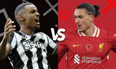 Graphic of Newcastle player in black and white kit on the left versus Liverpool player in red kit on the right, with 'X' and 'O' symbols and a versus sign between them, representing an upcoming football match.