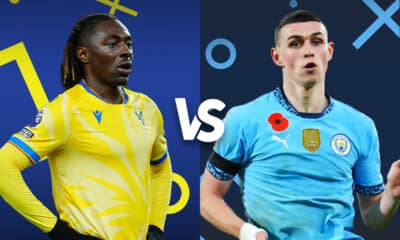 The image depicts a promotional graphic for a football match between Wilfried Zaha of Crystal Palace and Phil Foden of Man City. The players are shown with their respective team colors and badges, set against a dynamic background with a visual theme that includes match-related symbols like crosses and circles.