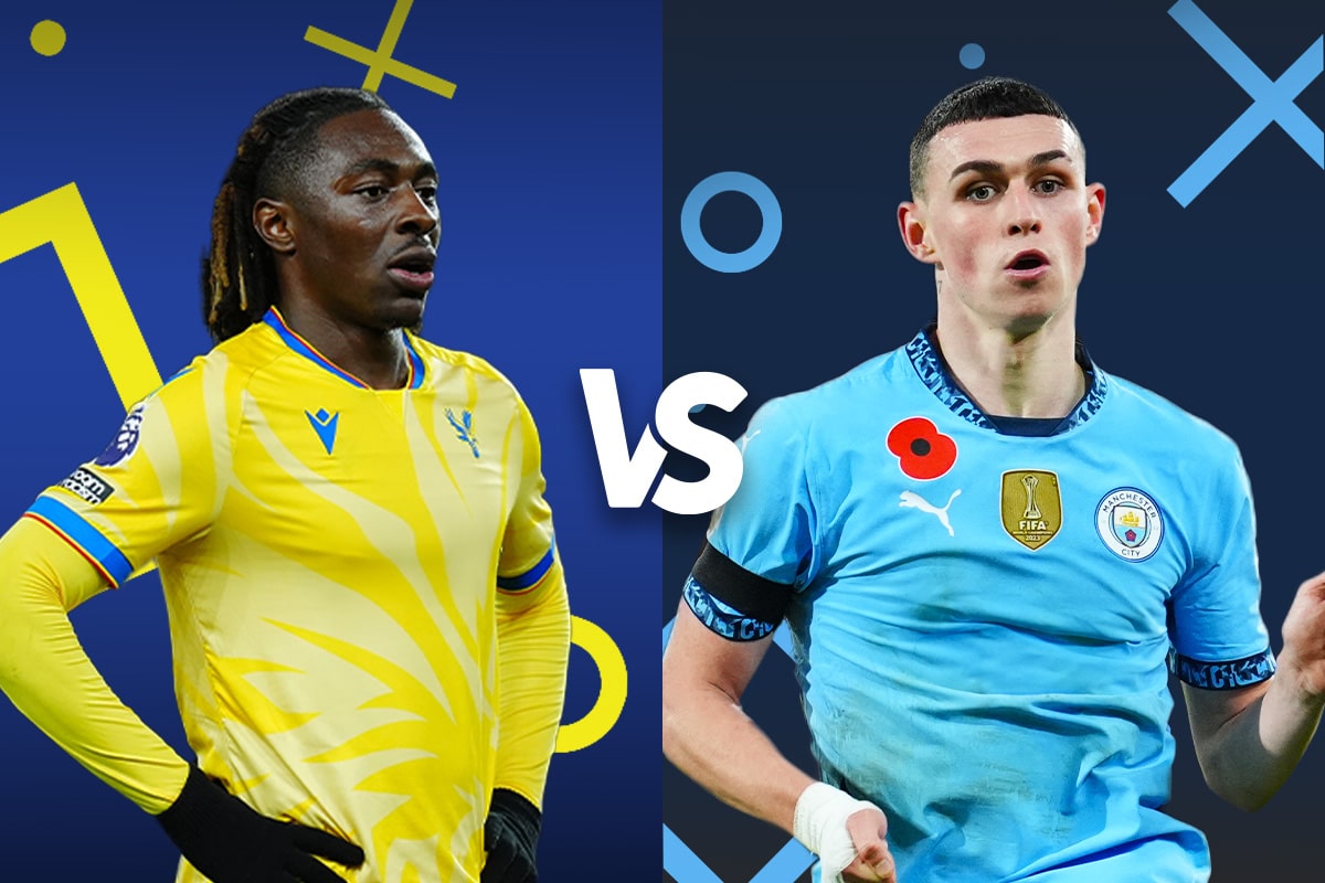 The image depicts a promotional graphic for a football match between Wilfried Zaha of Crystal Palace and Phil Foden of Man City. The players are shown with their respective team colors and badges, set against a dynamic background with a visual theme that includes match-related symbols like crosses and circles.