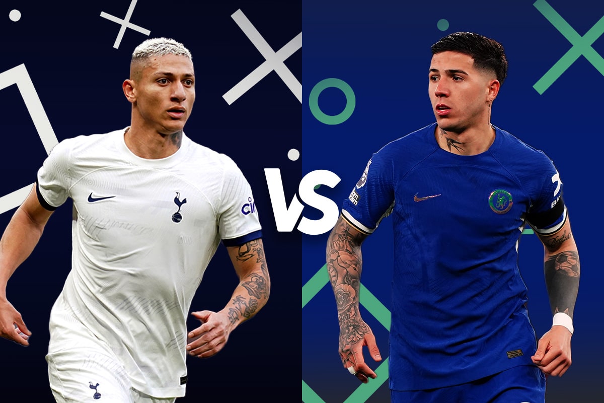 a Tottenham Hotspur player in a white jersey on the left and a Chelsea player in a blue jersey on the right. Both players are mid-action, suggesting a high-stakes, competitive game. The graphic has a blue and green background with diagonal design elements and a "vs" symbol centralizing the rivalry between the two teams.