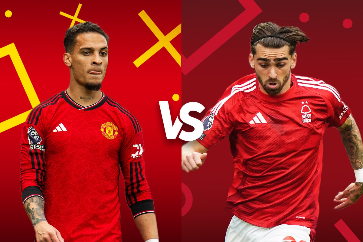 Manchester United player in red jersey and Nottingham Forest player in red gear are displayed side by side in a graphic promoting a match-up, illustrating the anticipation and competitive spirit between the two players.