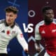 om Cairney of Fulham and Thomas Partey of Arsenal face off in a promotional graphic for an upcoming match, symbolized by contrasting blue and red backdrops and their respective team kits, emphasizing the intensity of the Premier League rivalry.