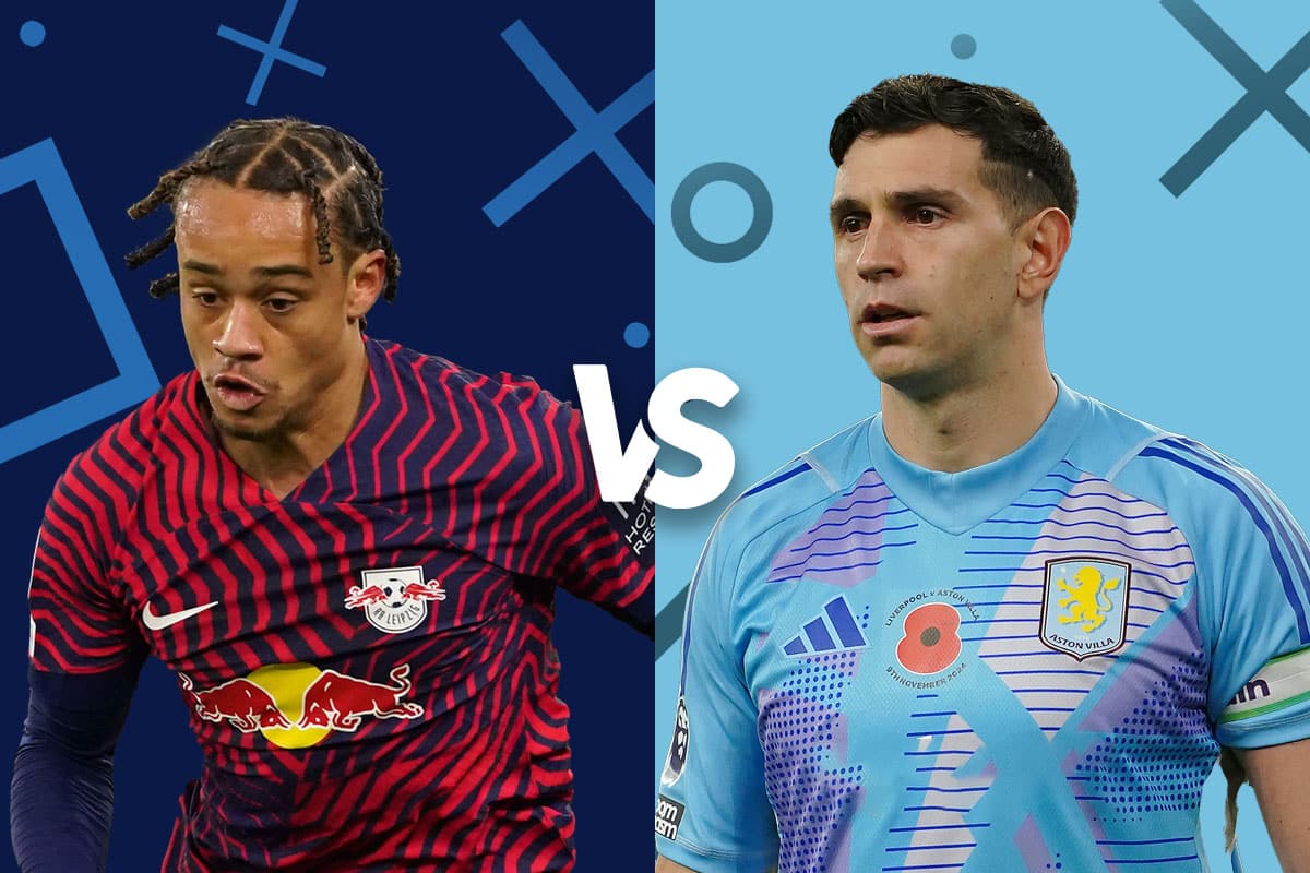 The image features a "versus" graphic comparing two key players from RB Leipzig and Aston Villa, likely used to promote an upcoming Champions League match between the two teams. On the left, the player from RB Leipzig is shown in a vibrant red and blue striped kit, while the player from Aston Villa on the right is depicted in a light blue kit with a poppy remembrance symbol, indicating the match may be around November. The graphic sets the stage for a compelling player matchup, highlighting the anticipation and competitive spirit surrounding this European football clash.