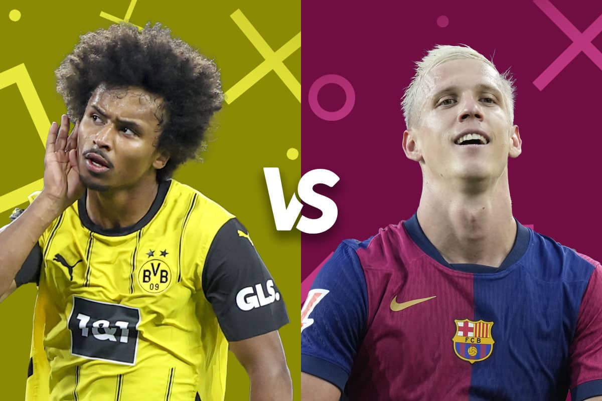 The image showcases a promotional "versus" graphic for an anticipated football match, featuring two key players from Borussia Dortmund and FC Barcelona. On the left, a Dortmund player in a vibrant yellow kit is captured seemingly listening intently or calling out on the field, adding a dynamic element to the visual. On the right, a Barcelona player in a maroon kit looks upwards, likely celebrating or in anticipation, his expression filled with intensity. This graphic serves to highlight the matchup between these two prominent teams, focusing on star players to ramp up excitement for the game.