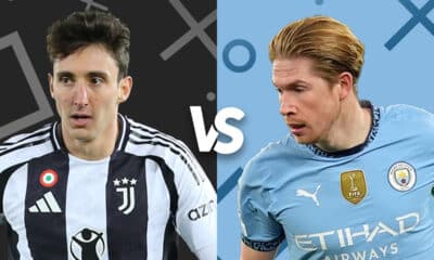 Juventus vs Manchester City promotional graphic featuring key players in a Champions League matchup.