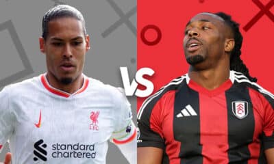 This image features two football players from Liverpool and Fulham, set against their team colors and patterned backgrounds, promoting an upcoming match. The players are shown in their respective kits, which adds to the anticipation and competitive vibe of the match. The overall design highlights the individual prowess of each player, setting the stage for their on-field encounter.