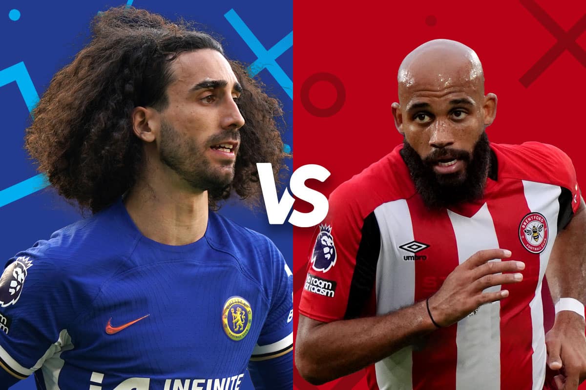 Promotional graphic featuring Chelsea and Brentford players, showcasing a matchup between the two, highlighted by contrasting team colors.