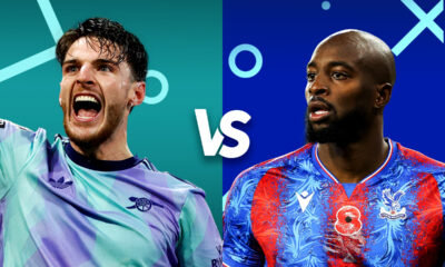 Promotional image featuring a matchup between Arsenal and Crystal Palace players, highlighting their contrasting team kits.